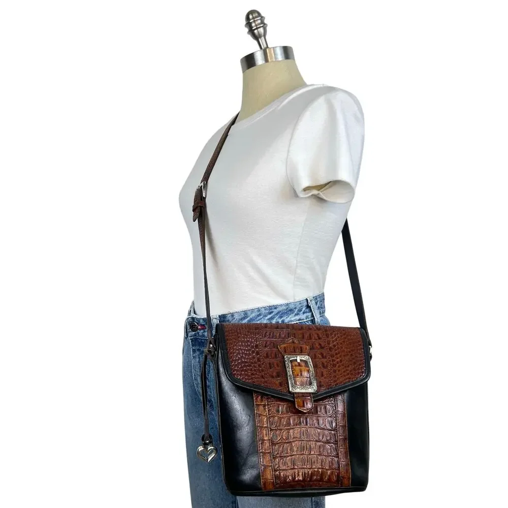 Vintage Brighton Black Leather Croc Embossed Buckle Crossbody Purse Bucket Bag